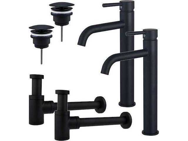 Wastafelkraanset - voor dubbele wastafel - verhoogde wastafelkraan - always open plug - verlaagde design sifon - mat zwart - afbeelding 1 van  1