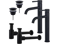 Wastafelkraanset - voor dubbele wastafel - verhoogde wastafelkraan - always open plug - verlaagde design sifon - mat zwart