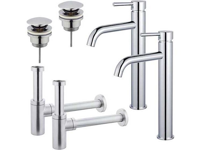 Wastafelkraanset - voor dubbele wastafel - verhoogde wastafelkraan - klikwaste plug - design sifon - chroom - afbeelding 1 van  1