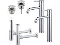 Wastafelkraanset - voor dubbele wastafel - verhoogde wastafelkraan - klikwaste plug - design sifon - chroom - afbeelding 1 van  1