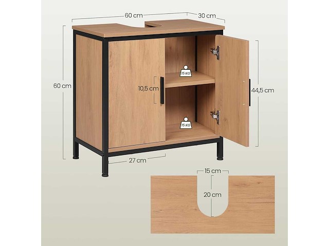 Wastafelmeubel 60x30x60 cm, met in hoogte verstelbare scheidingswand - afbeelding 3 van  4
