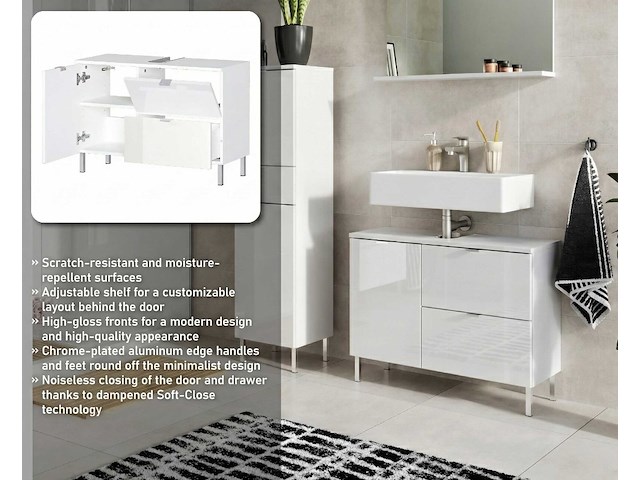 Wastafelonderkast mauro 80cm met 2 deuren & lade - hoogglans wit - afbeelding 6 van  7