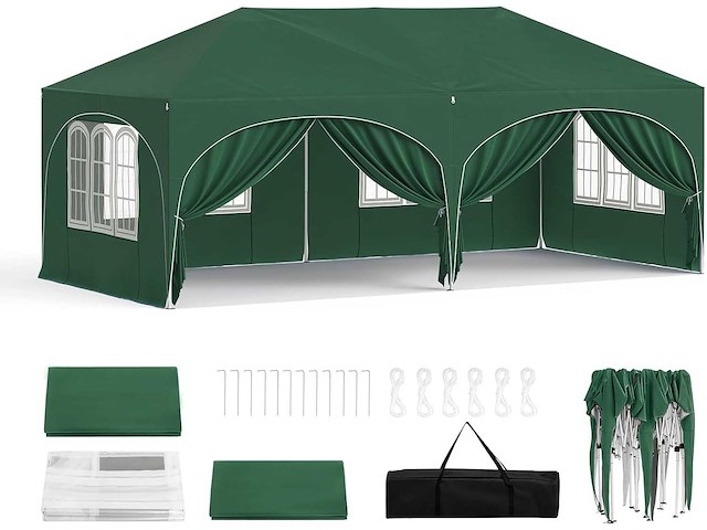 Waterdicht en uv-beschermd tuinprieel, 3x6m pop-up tent met 6 zijmuren, verstelbare hoogte, met draagtas, groen - afbeelding 1 van  10