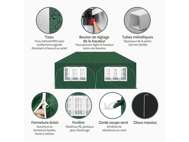 Waterdicht en uv-beschermd tuinprieel, 3x6m pop-up tent met 6 zijmuren, verstelbare hoogte, met draagtas, groen - afbeelding 6 van  10
