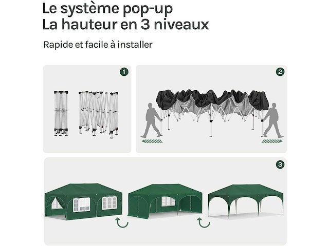 Waterdicht en uv-beschermd tuinprieel, 3x6m pop-up tent met 6 zijmuren, verstelbare hoogte, met draagtas, groen - afbeelding 7 van  10