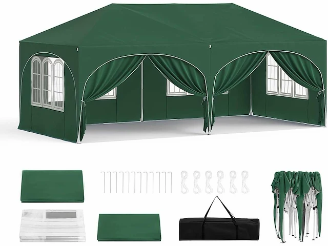 Waterdicht en uv-beschermd tuinprieel, 3x6m pop-up tent met 6 zijmuren, verstelbare hoogte, met draagtas, groen - afbeelding 1 van  9