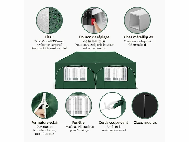 Waterdicht en uv-beschermd tuinprieel, 3x6m pop-up tent met 6 zijmuren, verstelbare hoogte, met draagtas, groen - afbeelding 5 van  9