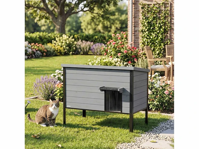 Waterdicht kattenhuis met schuifdak, afneembare ingang voor 1-2 katten tot 12 kg 85x55x70 cm lichtgrijs - afbeelding 1 van  5