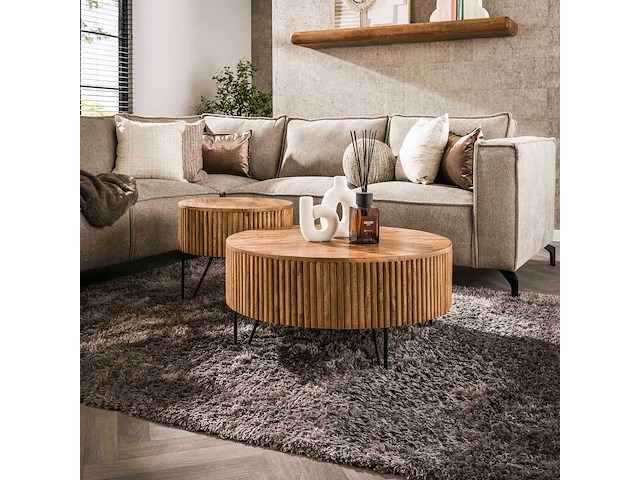 Wave ronde mangohouten salontafels set/2 - zandkleurig - afbeelding 1 van  4