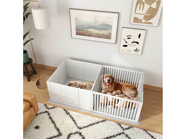 Welpenbak voor honden en puppy's, welpenren voor honden, in hoogte verstelbare deur 166 x 80 x 50 cm, wit - afbeelding 1 van  6