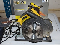 Werfradio maginon br10, slijpschijf powerplus pow20030, slijpschijf bosch pws750-125, handcirkelzaag trotec pcss-10-1400 in doos, schuurmachine bosch gss 23e in pvc koffer, poliermachine einhell bpp5 1100e in pvc koffer, laser topcraft op statief - afbeelding 20 van  36