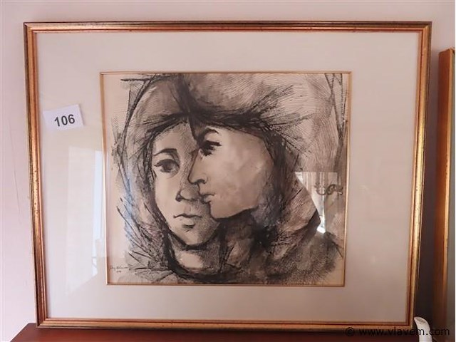 Werk achter glas, gesigneerd - afbeelding 1 van  3