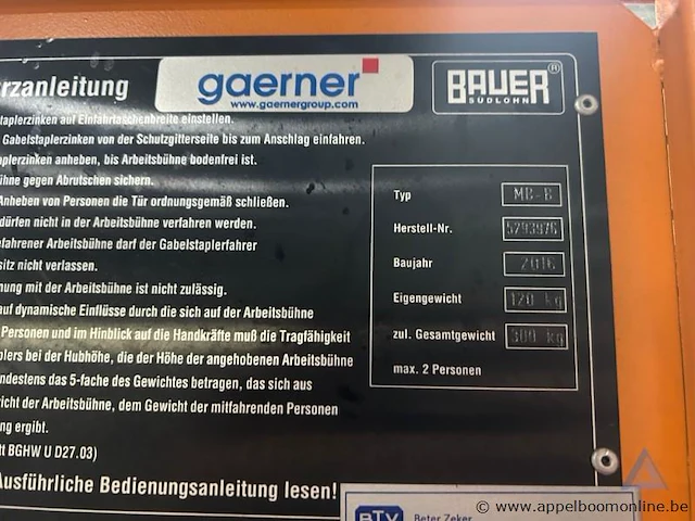 Werkplatform gaerner mp-b, bouwjaar 2016, serienummer 5293976. maximaal draagvermogen van 300 kg - afbeelding 2 van  2