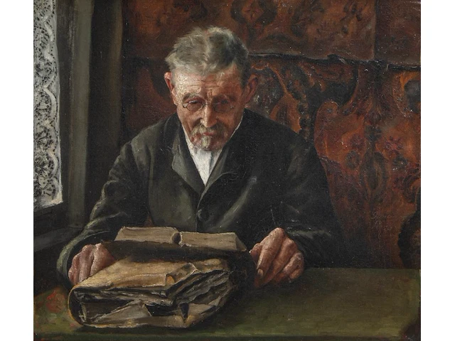 Willem geets (1838-1919), reading man near the window, oil on canvas 45 x 50 cm. (17.71 x 19.67 in.), frame: 60 x 66 cm. (23.62 x 25.98 in.) - afbeelding 1 van  4