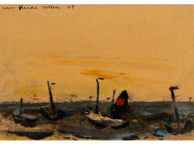 Willem van hecke (1893-1976), boats near the beach, 1949, mixed media 40 x 40 cm. (15 3/4 x 15 3/4 in.), frame: 43 x 43 cm. (16.92 x 16.92 in.) - afbeelding 1 van  5