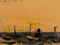Willem van hecke (1893-1976), boats near the beach, 1949, mixed media 40 x 40 cm. (15 3/4 x 15 3/4 in.), frame: 43 x 43 cm. (16.92 x 16.92 in.)