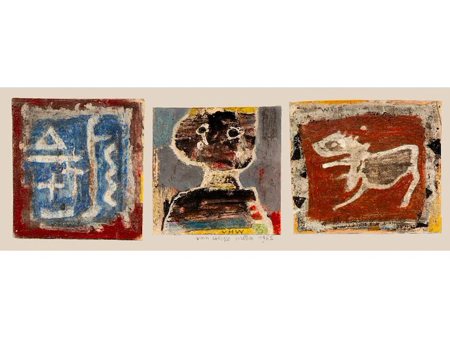 Willem van hecke (1893-1976), untitled triptych, 1962, mixed media 40 x 85 cm. (15 3/4 x 33.46 in.) - afbeelding 1 van  6