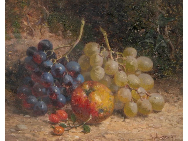 William hughers (1842-1901), still life with fruit, 1897, oil on panel 20 x 25 cm. (7.87 x 9.83 in.), frame: 50 x 55 cm. (19.67 x 21.64 in.) - afbeelding 1 van  5