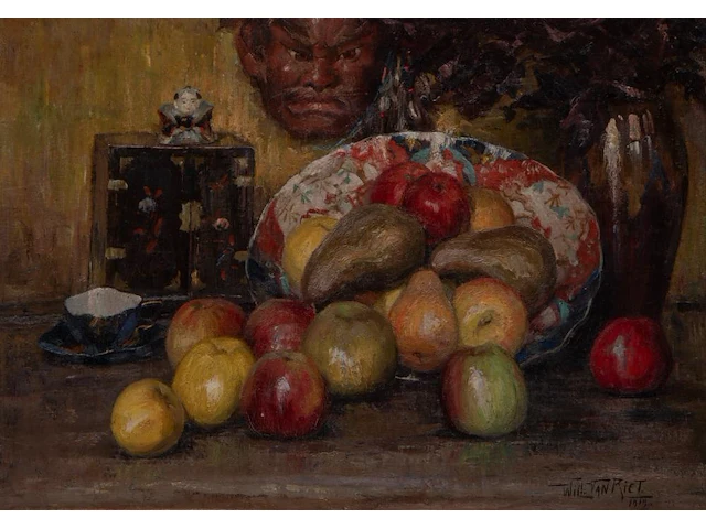 Willy van riet (1887-1928), still life with fruit and a japanese oni mask, 1919, oil on canvas 54 x 75 cm. (21.26 x 29.53 in.), frame: 71 x 93 cm. (27.94 x 36.60 in.) - afbeelding 1 van  6