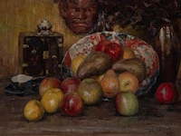 Willy van riet (1887-1928), still life with fruit and a japanese oni mask, 1919, oil on canvas 54 x 75 cm. (21.26 x 29.53 in.), frame: 71 x 93 cm. (27.94 x 36.60 in.)