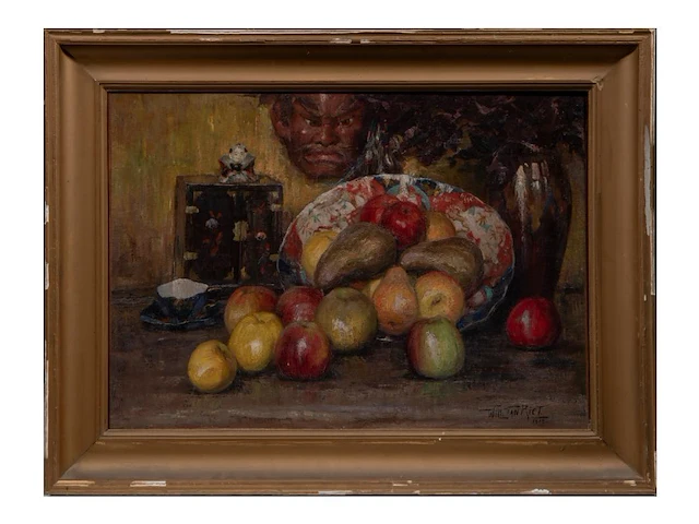 Willy van riet (1887-1928), still life with fruit and a japanese oni mask, 1919, oil on canvas 54 x 75 cm. (21.26 x 29.53 in.), frame: 71 x 93 cm. (27.94 x 36.60 in.) - afbeelding 2 van  6