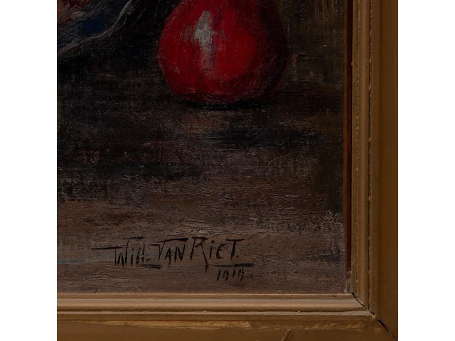 Willy van riet (1887-1928), still life with fruit and a japanese oni mask, 1919, oil on canvas 54 x 75 cm. (21.26 x 29.53 in.), frame: 71 x 93 cm. (27.94 x 36.60 in.) - afbeelding 4 van  6