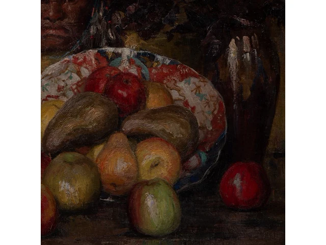 Willy van riet (1887-1928), still life with fruit and a japanese oni mask, 1919, oil on canvas 54 x 75 cm. (21.26 x 29.53 in.), frame: 71 x 93 cm. (27.94 x 36.60 in.) - afbeelding 5 van  6