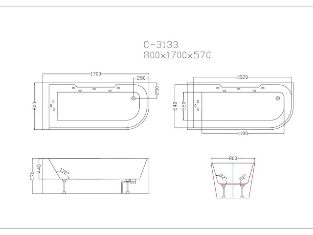 Wit geglazuurd whirlpoolbad - 1 zitplaats - 263l - linkerhoek (x2) - afbeelding 12 van  14