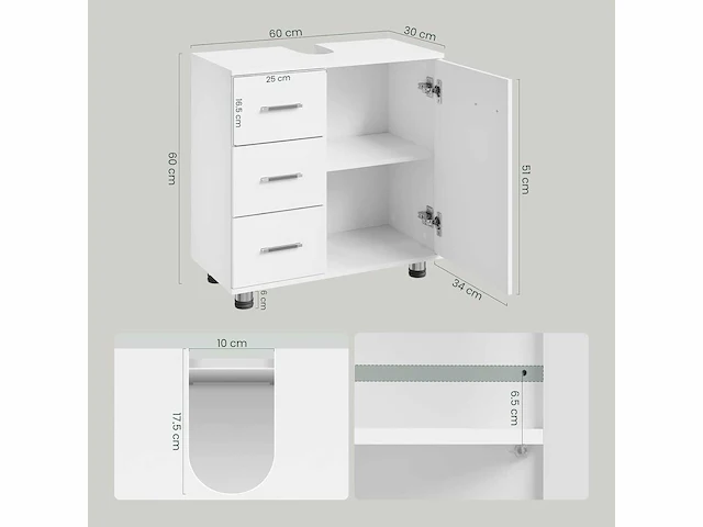 Witte kaptafel 60 x 30 x 60 cm met 3 grote lades - afbeelding 3 van  5