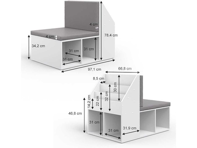 Witte kinderboekenkast met grijze zitplaats 97x67x78 cm - afbeelding 3 van  9