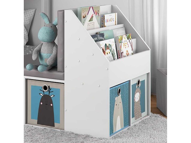 Witte kinderboekenkast met grijze zitplaats 97x67x78 cm - afbeelding 5 van  9
