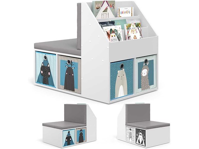 Witte kinderboekenkast met grijze zitplaats 97x67x78 cm - afbeelding 7 van  9