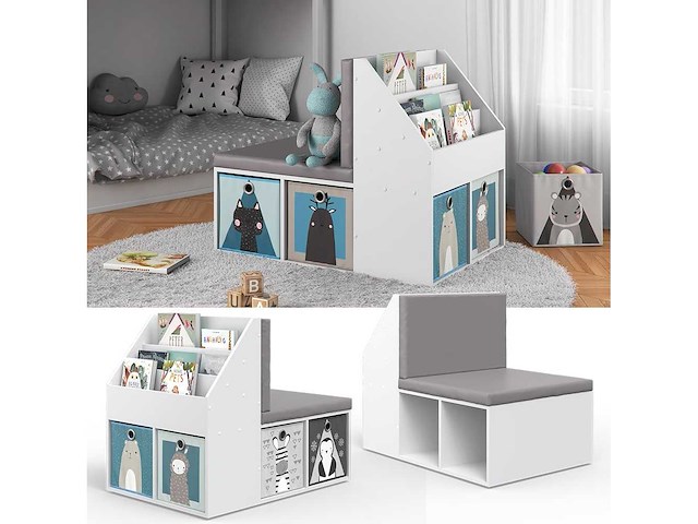 Witte kinderboekenkast met grijze zitplaats 97x67x78 cm - afbeelding 2 van  6