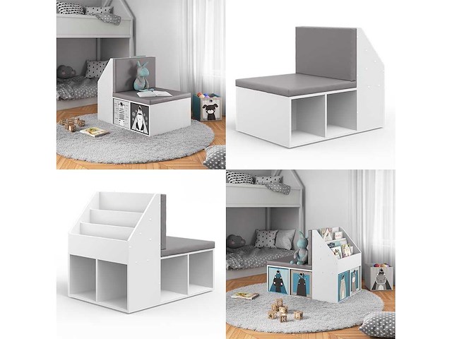 Witte kinderboekenkast met grijze zitplaats 97x67x78 cm - afbeelding 5 van  6