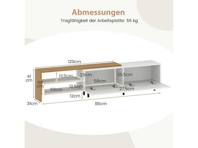 Witte tv-standaard voor 80-inch tv met planken - afbeelding 3 van  6