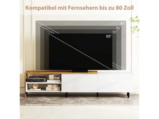 Witte tv-standaard voor 80-inch tv met planken - afbeelding 5 van  6