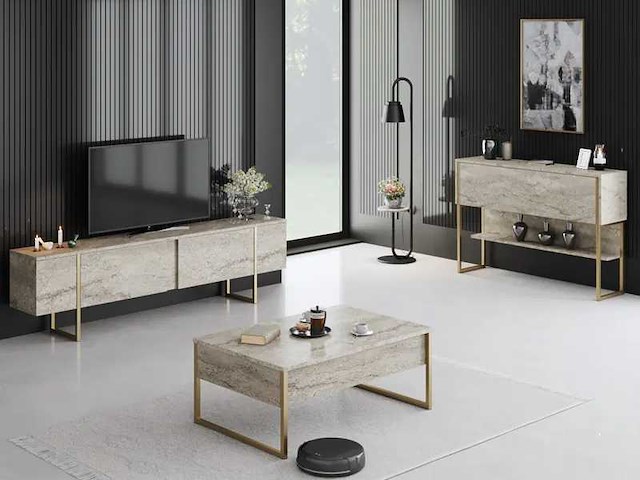 Woonkamermeubelset met tv-meubel, salontafel en ladekast van travertijn - afbeelding 1 van  12