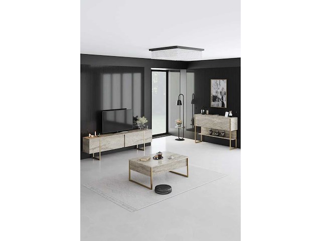 Woonkamermeubelset met tv-meubel, salontafel en ladekast van travertijn - afbeelding 11 van  12