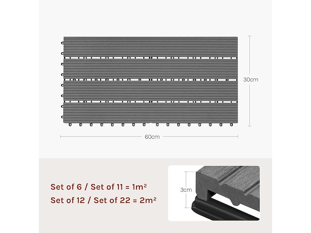 Wpc vloertegeltegel 30x60cm, voor tuinterras, lichtgrijs 12 stuks - 2 m² - afbeelding 9 van  10