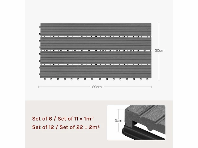 Wpc vloertegeltegel 30x60cm, voor tuinterras, lichtgrijs 12 stuks - 2 m² - afbeelding 6 van  10