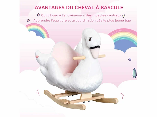 (x3) rocking swan wiegspeeltje voor kinderen 18 maanden en ouder functiemuziek houten poten - wit & roze - afbeelding 4 van  5