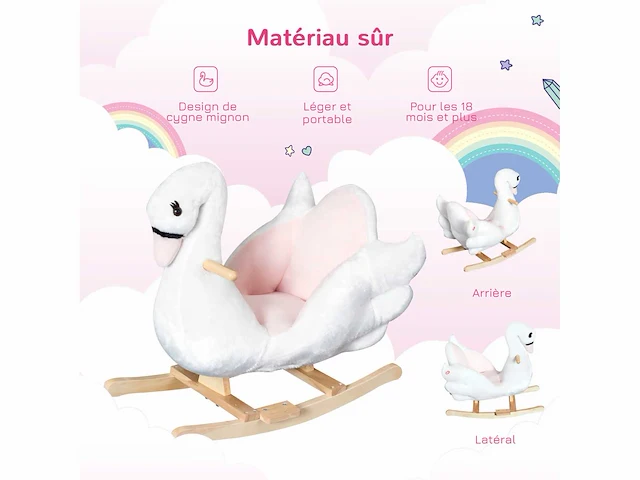 (x3) rocking swan wiegspeeltje voor kinderen 18 maanden en ouder functiemuziek houten poten - wit & roze - afbeelding 5 van  5