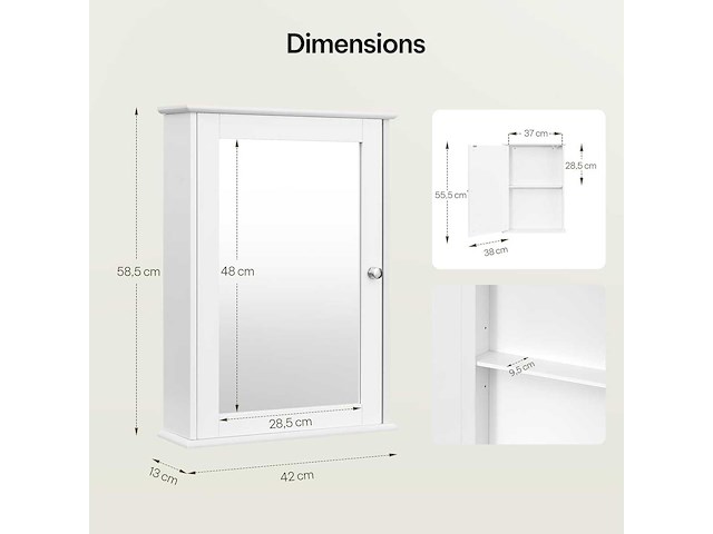 (x3) spiegelkast, met spiegeldeur, verstelbare plank, wit - afbeelding 3 van  5