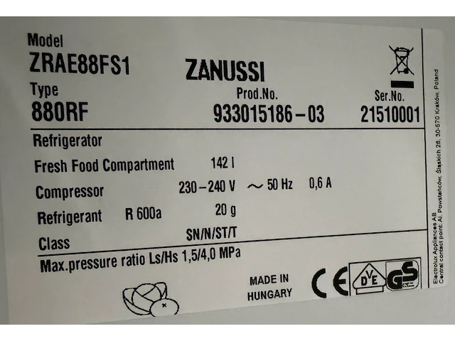 Zanussi koelkast, 89cm hoog - afbeelding 6 van  7