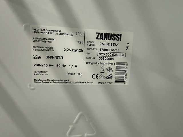 Zanussi koel/vrieskast, 178 cm hoog - afbeelding 8 van  9