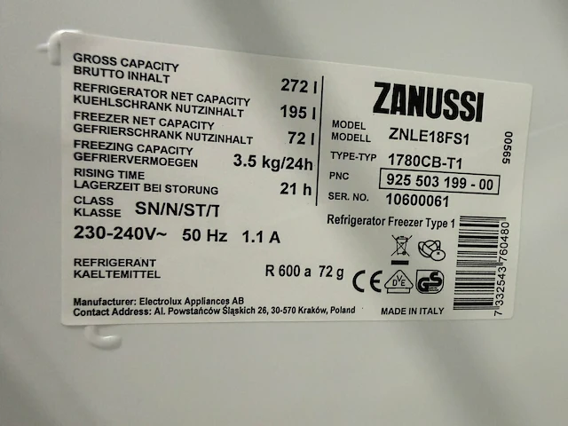 Zanussi koel/vrieskast, 178 cm hoog - afbeelding 9 van  9