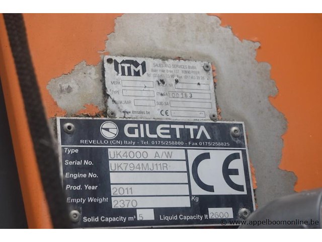 Zoutstrooier, giletta, uk4000 a/w, bouwjaar 2011, leeggewicht 2370 kg, vaste capaciteit 5m³, vloeistof capaciteit 2600l, werking niet gekend - afbeelding 6 van  6