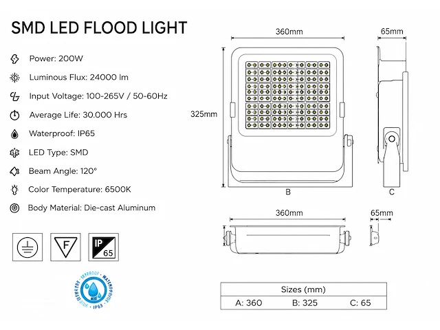 Zware led floodlight – 200w – 6400k koud wit – ip65 – borneo-200 (4 stuks) - afbeelding 5 van  5