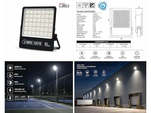 Zware led floodlight – 500w – 6400k koud wit – ip65 – borneo-500 (2 stuks) - afbeelding 2 van  5