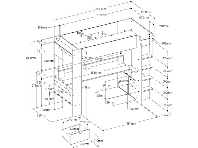 Zwart hoogslaper met bureau raider 90x200cm - afbeelding 4 van  7